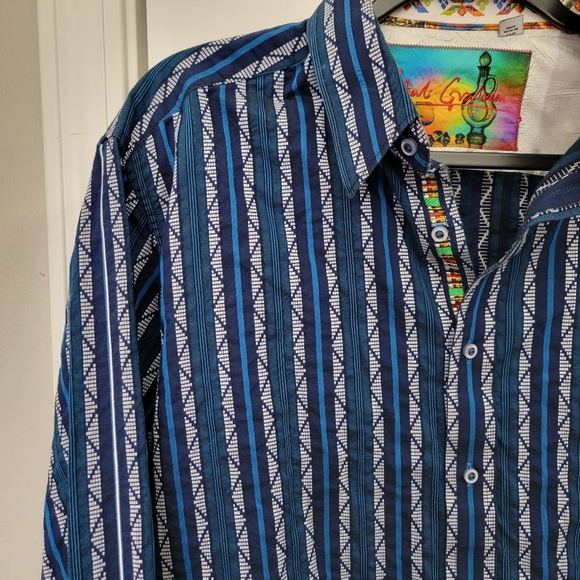 Robert Graham Flip Cuff Shirt Blue Striped Button Guitars Rock & Roll Mens Large - Picture 2 of 14